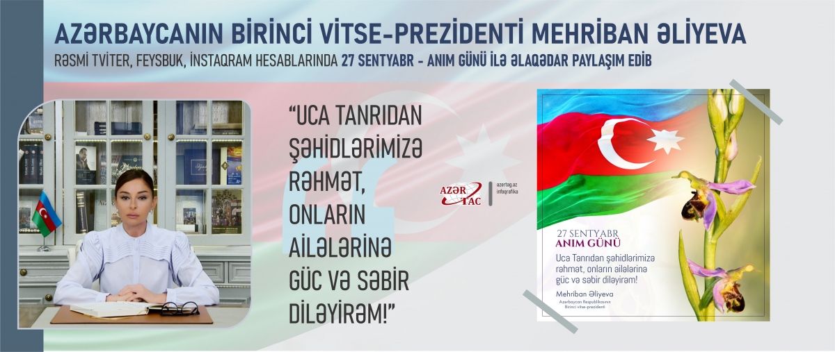 Mehriban Əliyeva: Uca Tanrıdan şəhidlərimizə rəhmət, onların ailələrinə güc və səbir diləyirəm
