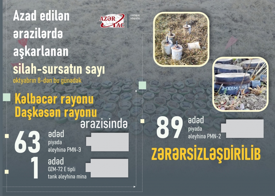 Azad edilən ərazilərdə aşkarlanan silah-sursatın sayı