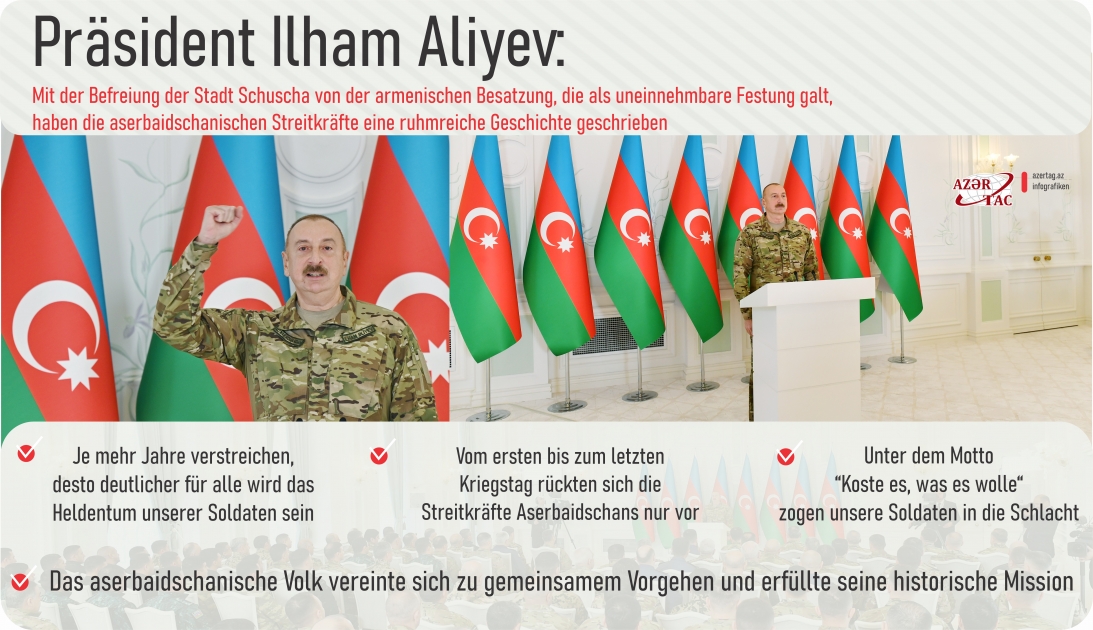 Präsident Ilham Aliyev: Mit der Befreiung der Stadt Schuscha von der armenischen Besatzung, die als uneinnehmbare Festung galt, haben die aserbaidschanischen Streitkräfte eine ruhmreiche Geschichte geschrieben