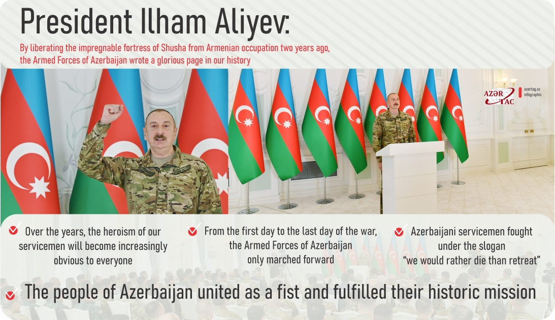 President Ilham Aliyev: By liberating the impregnable fortress of Shusha from Armenian occupation two years ago, the Armed Forces of Azerbaijan wrote a glorious page in our history