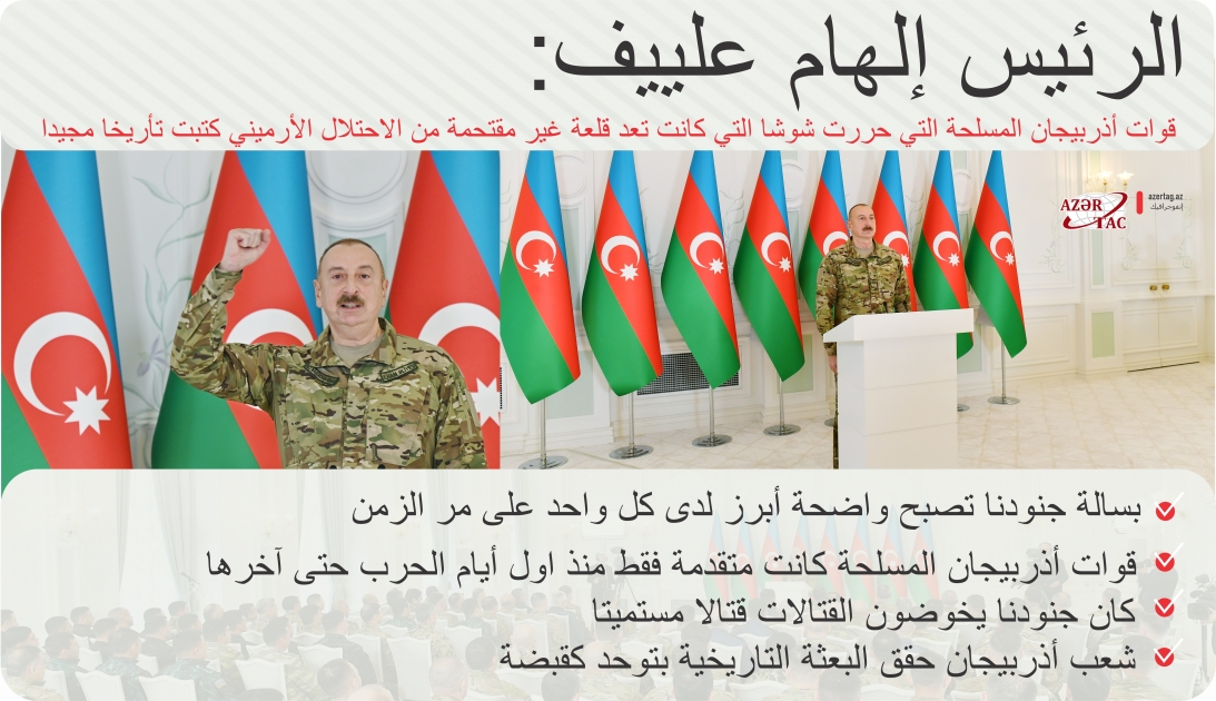 الرئيس إلهام علييف: قوات أذربيجان المسلحة التي حررت شوشا التي كانت تعد قلعة غير مقتحمة من الاحتلال الأرميني كتبت تأريخا مجيدا