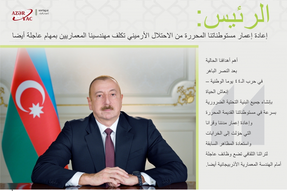 الرئيس: إعادة إعمار مستوطناتنا المحررة من الاحتلال الأرميني تكلف مهندسينا المعماريين بمهام عاجلة أيضا