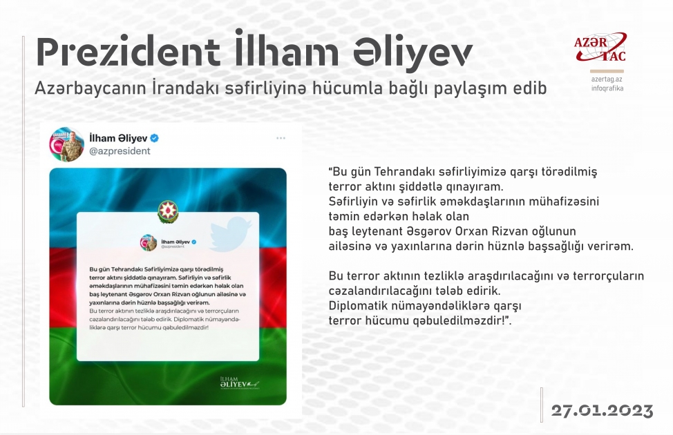 Prezident İlham Əliyev Azərbaycanın İrandakı səfirliyinə hücumla bağlı paylaşım edib