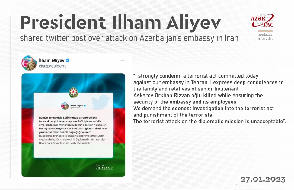 President Ilham Aliyev shared twitter post over attack on Azerbaijan’s embassy in Iran
