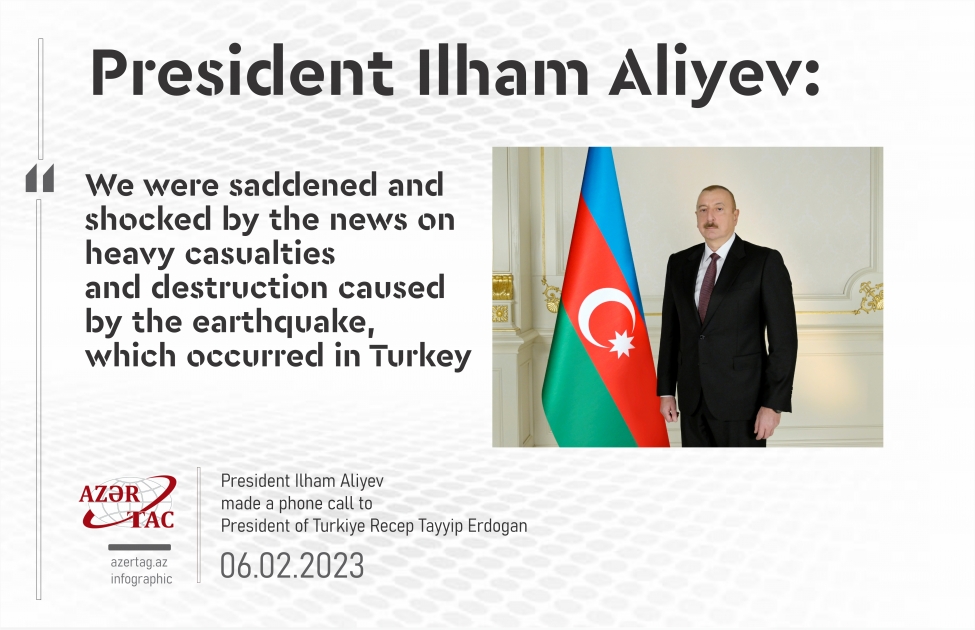 President Ilham Aliyev: We were saddened and shocked by the news on heavy casualties and destruction caused by the earthquake, which occurred in Turkey