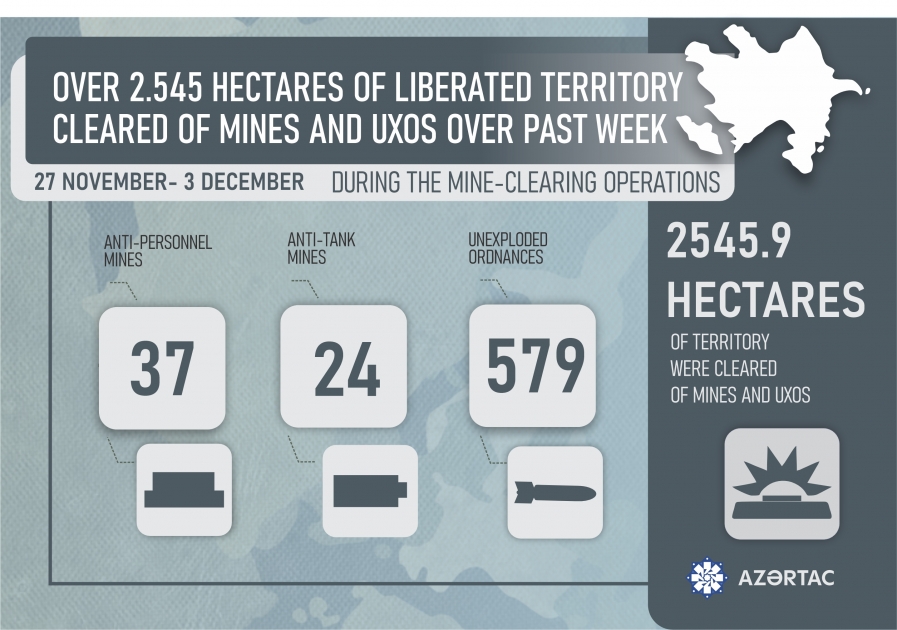 Over 2.545 hectares of liberated territory cleared of mines and UXOs over past week