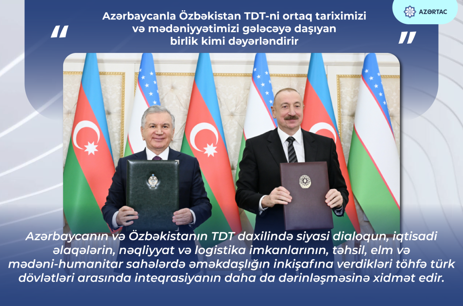 Prezident İlham Əliyev: Azərbaycanla Özbəkistan TDT-ni ortaq tariximizi və mədəniyyətimizi gələcəyə daşıyan birlik kimi dəyərləndirir
