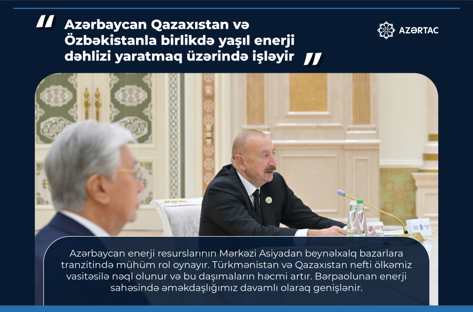 Prezident: Azərbaycan Qazaxıstan və Özbəkistanla birlikdə yaşıl enerji dəhlizi yaratmaq üzərində işləyir