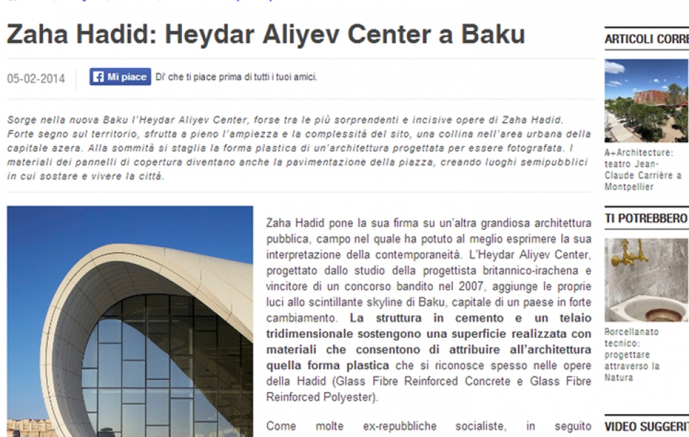 İtaliyanın “Floornature” portalında Heydər Əliyev Mərkəzi ilə bağlı məqalə yerləşdirilmişdir VİDEO