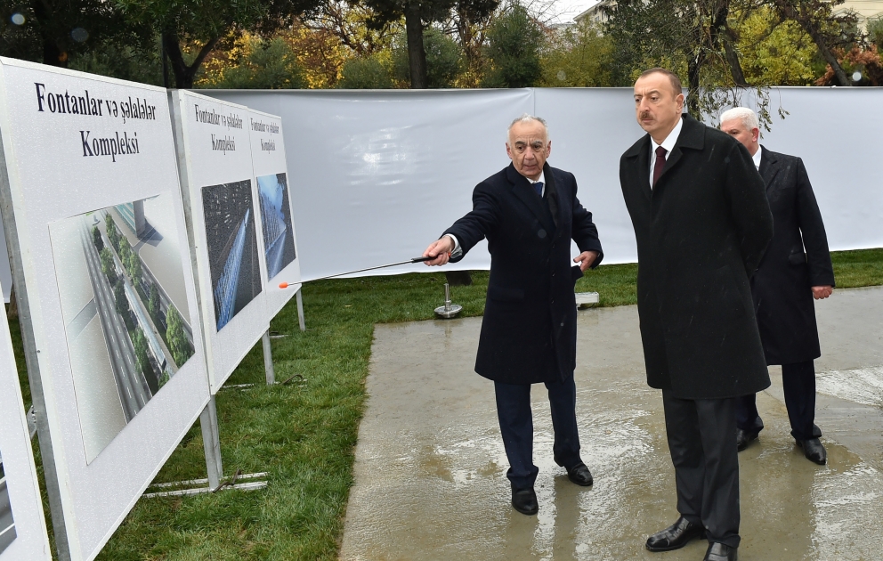 Prezident İlham Əliyev Bakının Xətai rayonu ərazisindəki fəvvarələr və şəlalələr kompleksində işlərin gedişi ilə tanış olub VİDEO
