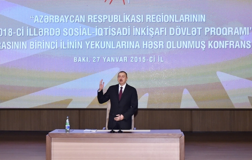 Prezident İlham Əliyev regionların 2014-2018-ci illərdə sosial-iqtisadi inkişafı Dövlət Proqramının icrasının birinci ilinin yekunlarına həsr olunan konfransda iştirak edib VİDEO