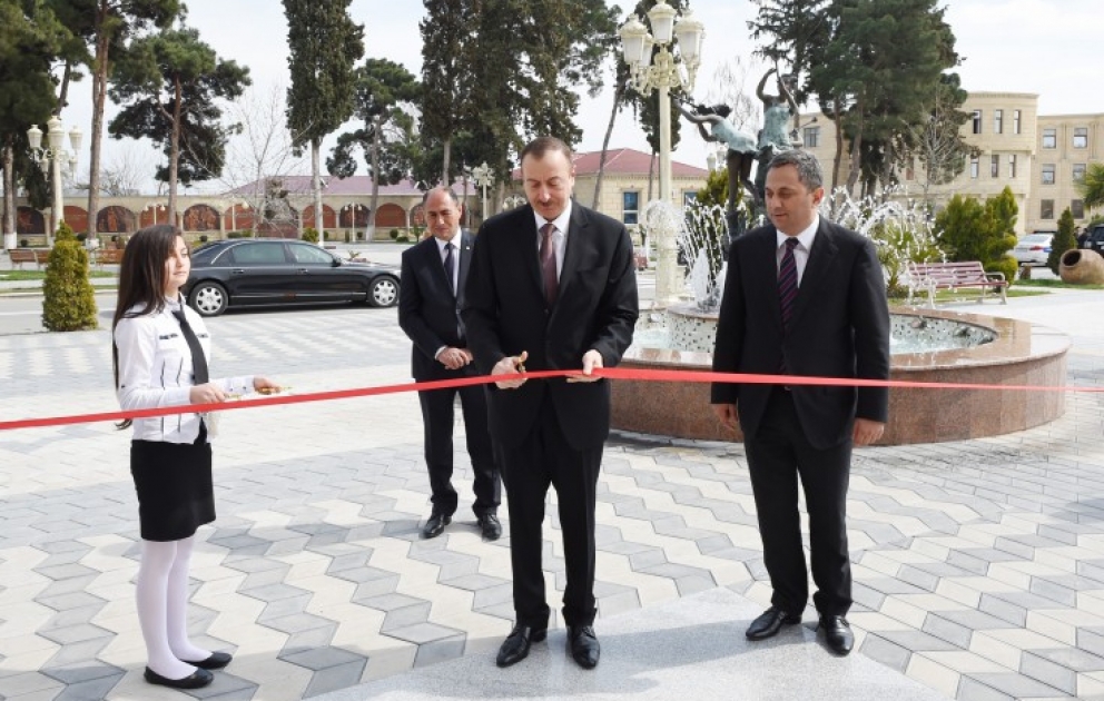 Präsident Ilham Aliyev hat in der Region Barda an der Eröffnung einer Kinderkunstschule teilgenommen VIDEO