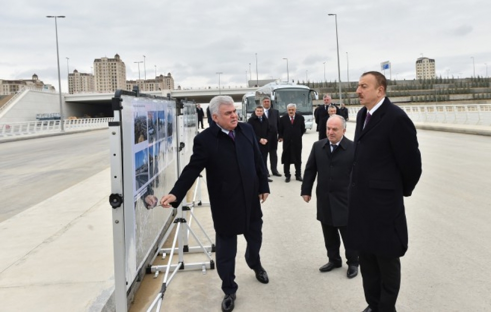 President Ilham Aliyev reviewed ongoing construction of road and transportation infrastructure around the Baku Olympic Stadium VIDEO