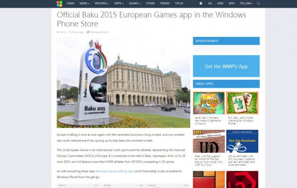 Mobile Anwendung der ersten Europäischen Spiele „Baku 2015“ zur Nutzung überlassen VIDEO