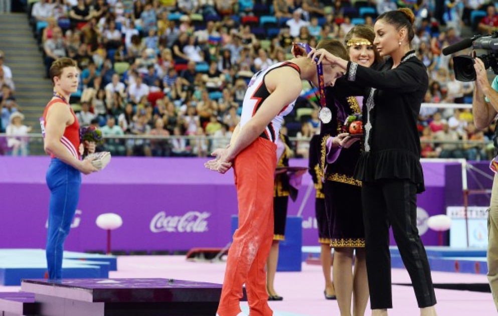 Azerbaijan`s gymnast Oleg Stepko becomes champion of the First European GamesFirst lady, chairperson of the Baku 2015 First European Games Organizing Committee, President of the Gymnastics Federation Mehriban Aliyeva presented the medals to the winners VIDEO