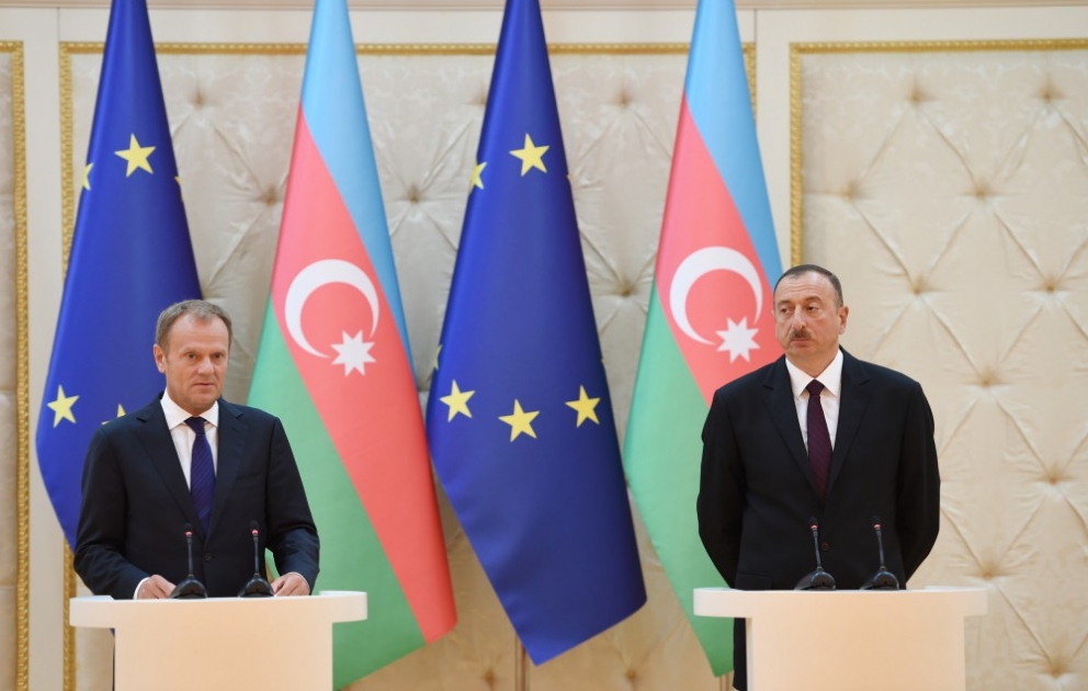 President Ilham Aliyev, President of the European Council Donald Tusk made press statements VIDEO