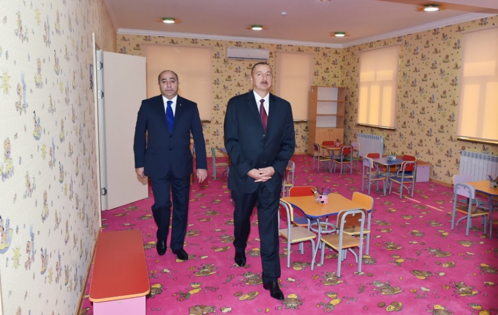 Президент Ильхам Алиев принял участие в открытии яслей-детского сада в Кюрдамире ВИДЕО