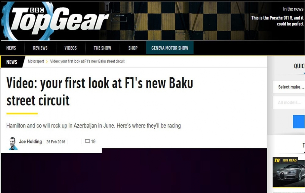 “BBC Top Gear” portalı Bakıda keçiriləcək “Formula-1” yarışlarından yazıb VİDEO