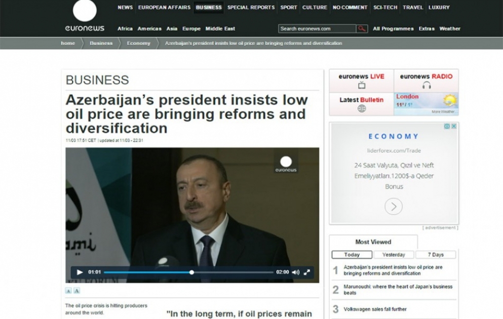 «Euronews» распространил интервью Президента Ильхама Алиева ВИДЕО