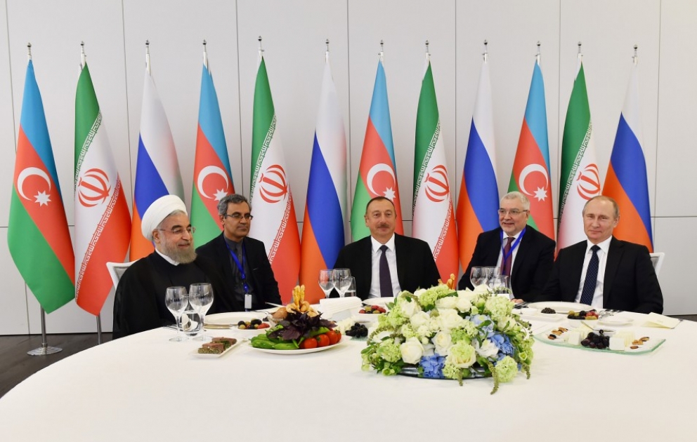 Official reception hosted on behalf of President Ilham Aliyev in honor of Iranian and Russian leaders VIDEO