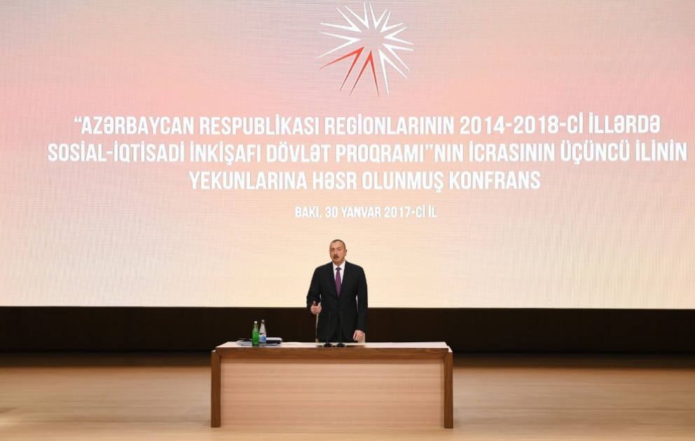 Regionların 2014-2018-ci illərdə sosial-iqtisadi inkişafı Dövlət Proqramının icrasının üçüncü ilinin yekunlarına həsr olunan konfrans keçirilib  Azərbaycan Prezidenti İlham Əliyev konfransda iştirak edib YENİLƏNİB-2 VİDEO