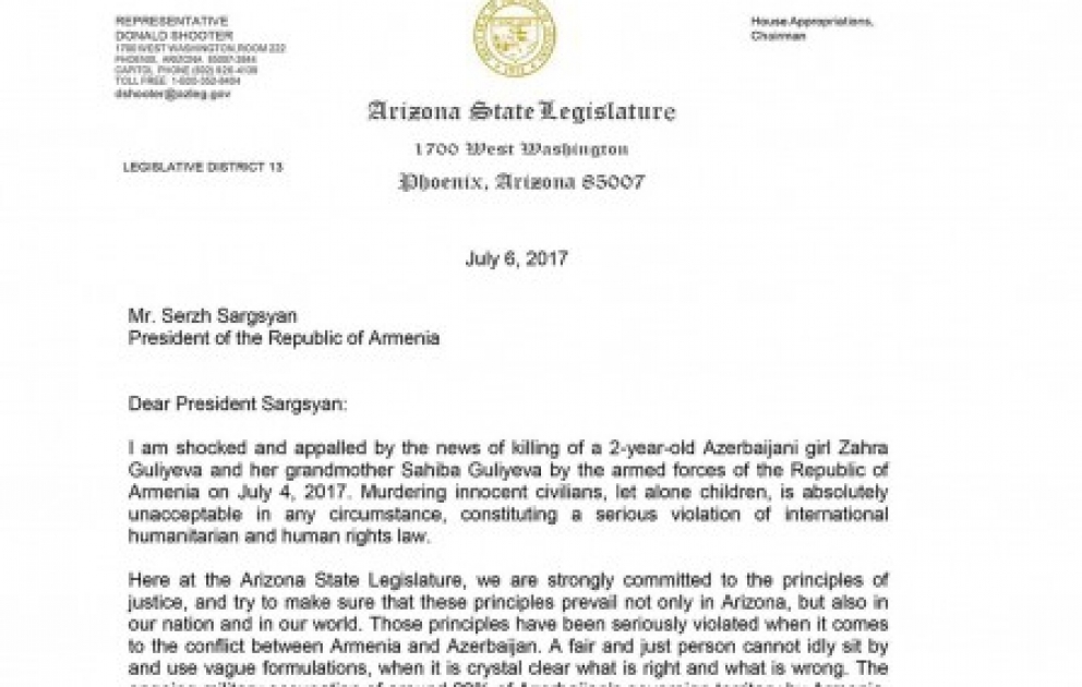 Balaca Zəhranın öldürülməsi ilə bağlı ABŞ-ın Arizona Nümayəndələr Palatasının üzvü Ermənistan prezidentinə açıq məktub göndərib VİDEO
