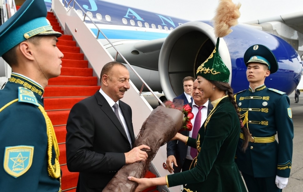 President Ilham Aliyev arrived in Kazakhstan for working visit VIDEO