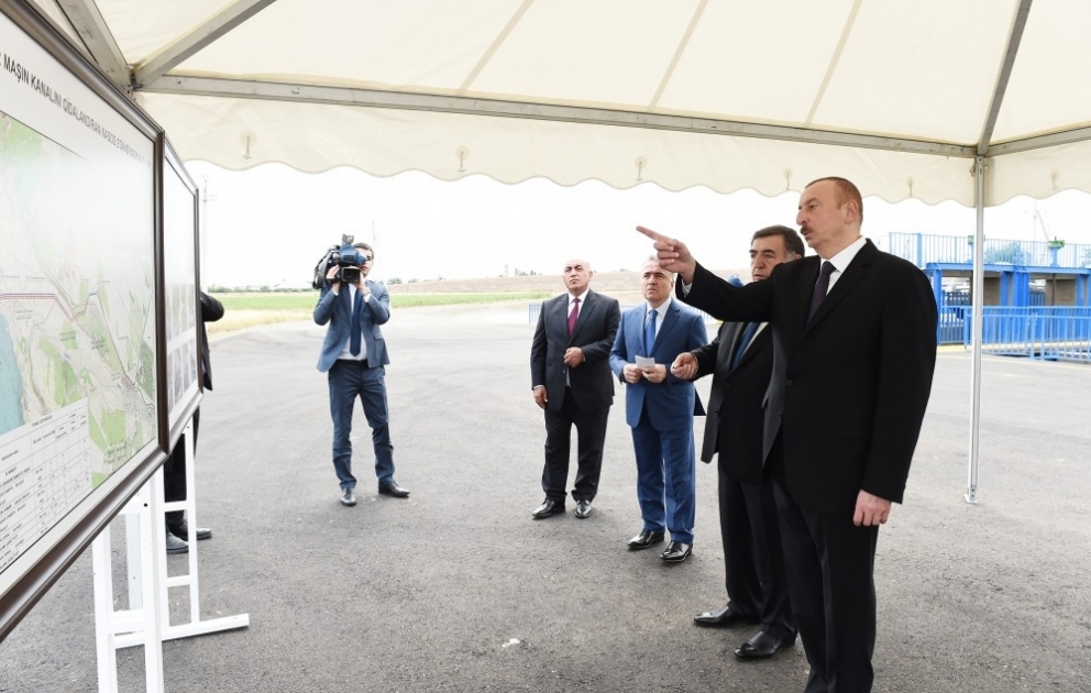 Inauguration de l’intersection du canal d’irrigation magistral Chemkir-Samoukh-Goranboy avec la route de la Soie  Le président Ilham Aliyev participe à la cérémonie inaugurale VIDEO