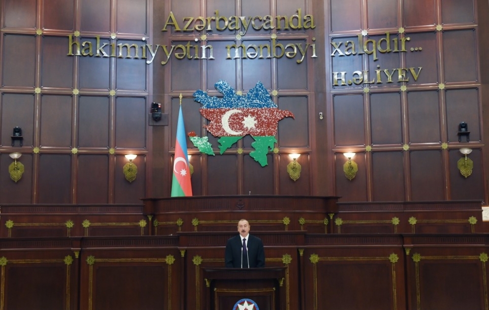 Solemn meeting marking centenary of Azerbaijani parliament was held at Milli Majlis  President Ilham Aliyev attended the meeting