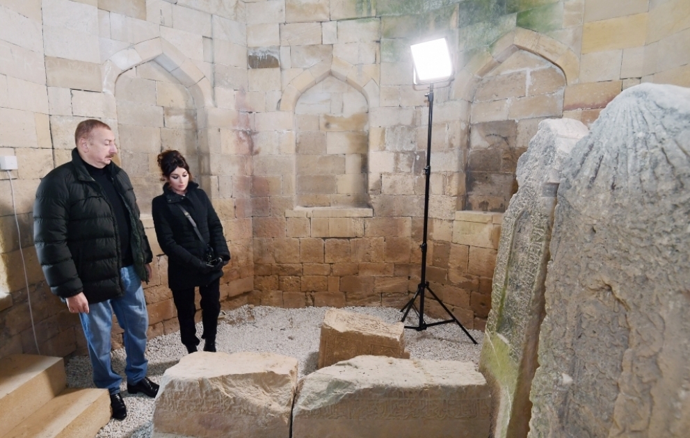 President Ilham Aliyev and first lady Mehriban Aliyeva viewed landscaping work carried out around Shahkhandan tomb in Shamakhi VIDEO
