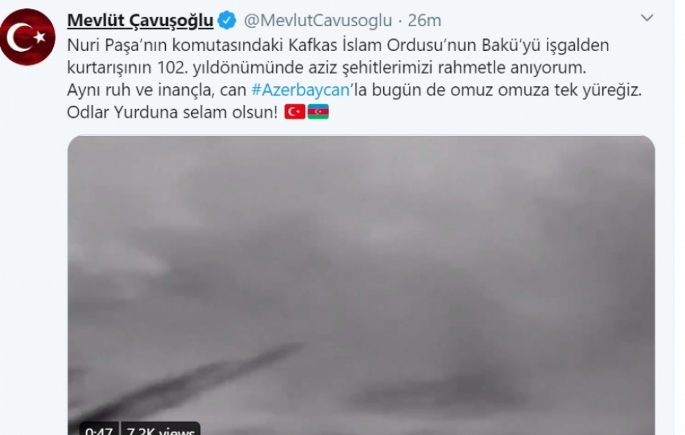 Mövlud Çavuşoğlu: Azərbaycanla bu gün də çiyin-çiyinə, tək ürəyik VİDEO ​