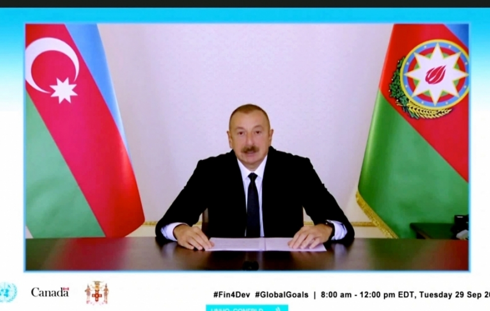 Президент Ильхам Алиев выступил в видеоформате на заседании глав государств и правительств на тему «Финансирование Повестки дня в области Целей устойчивого развития на период до 2030 года во время COVID-19 и в последующий период» ВИДЕО
