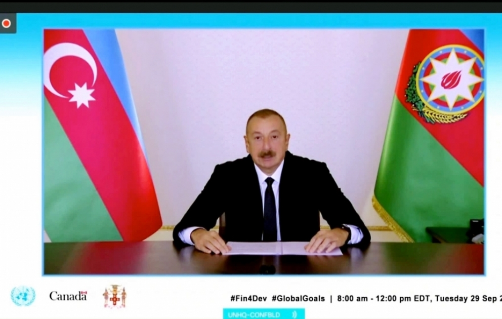 Präsident Ilham Aliyev hielt eine Rede bei einem Treffen von Staats- und Regierungschefs im Videoformat zum Thema ”Finanzierung der Agenda 2030 für nachhaltige Entwicklung während und nach der Corona-Pandemie“ VIDEO
