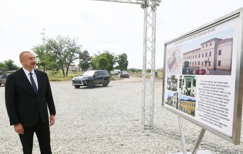 President Ilham Aliyev laid foundation stone for new building of Aghdam city school No1 VIDEO