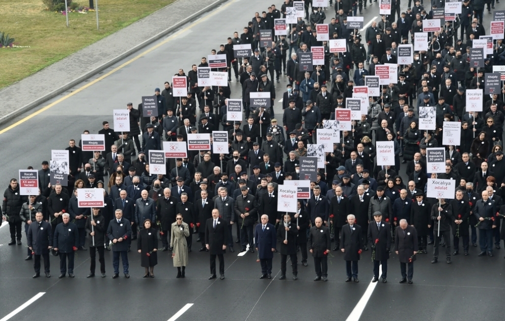 Nationwide march to commemorate 30th anniversary of Khojaly genocide was held in Baku President Ilham Aliyev and First Lady Mehriban Aliyeva joined the march VIDEO