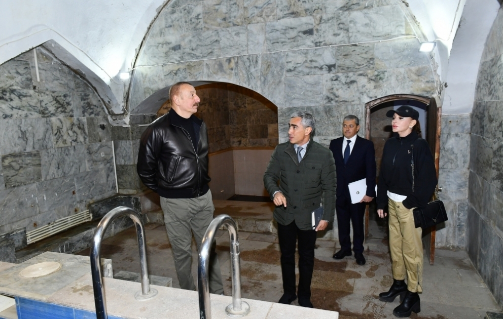 President Ilham Aliyev and First Lady Mehriban Aliyeva viewed restoration work carried out in administrative building and Shirin Su Bath in Shusha VIDEO