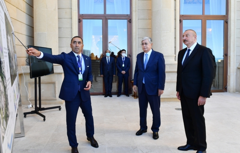 Presidents of Azerbaijan and Kazakhstan viewed project of Center for the Development of Creativity named after Kurmangazy, which will be built for children in Fuzuli VIDEO