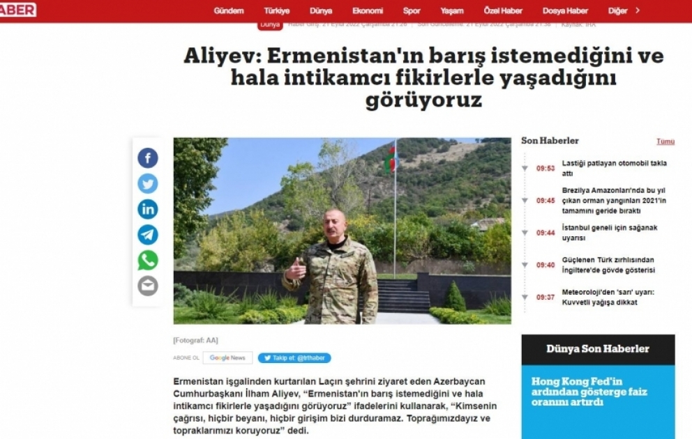 Prezident İlham Əliyevin Laçında Azərbaycan Bayrağını ucaltması Türkiyə mediası tərəfindən geniş işıqlandırılıb VİDEO