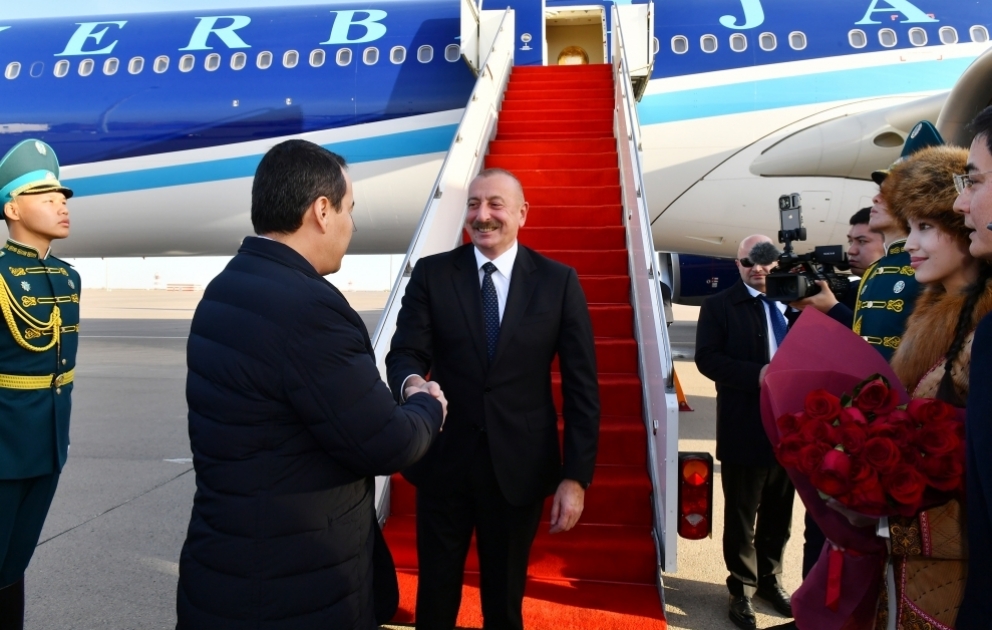 President Ilham Aliyev arrived in Kazakhstan for working visit VIDEO