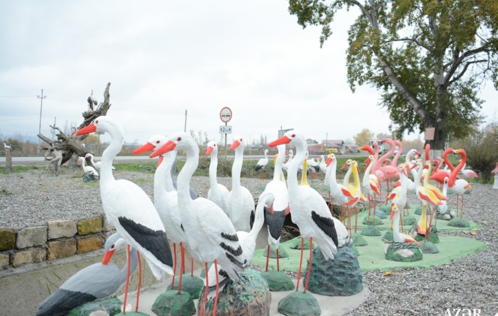 Zoo, in dem Vögel- und Tierstatuen gut gemacht sind und echt aussehen VIDEO