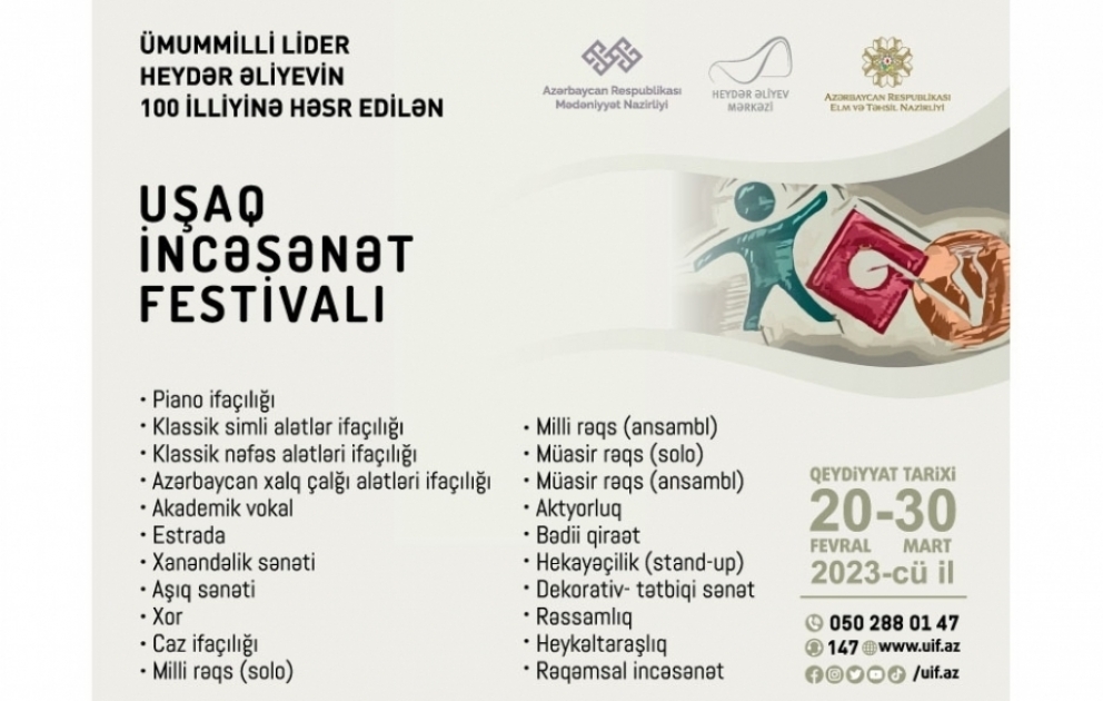 Ümummilli Lider Heydər Əliyevin 100 illik yubileyinə həsr olunan Birinci Uşaq İncəsənət Festivalı keçiriləcək VİDEO
