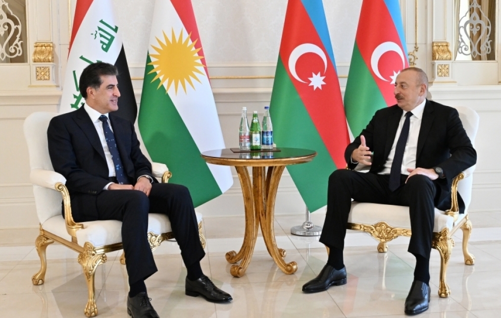 Präsident Ilham Aliyev trifft Oberhaupt der Region Kurdistan-Irak Nechirvan Barzani in Baku VIDEO