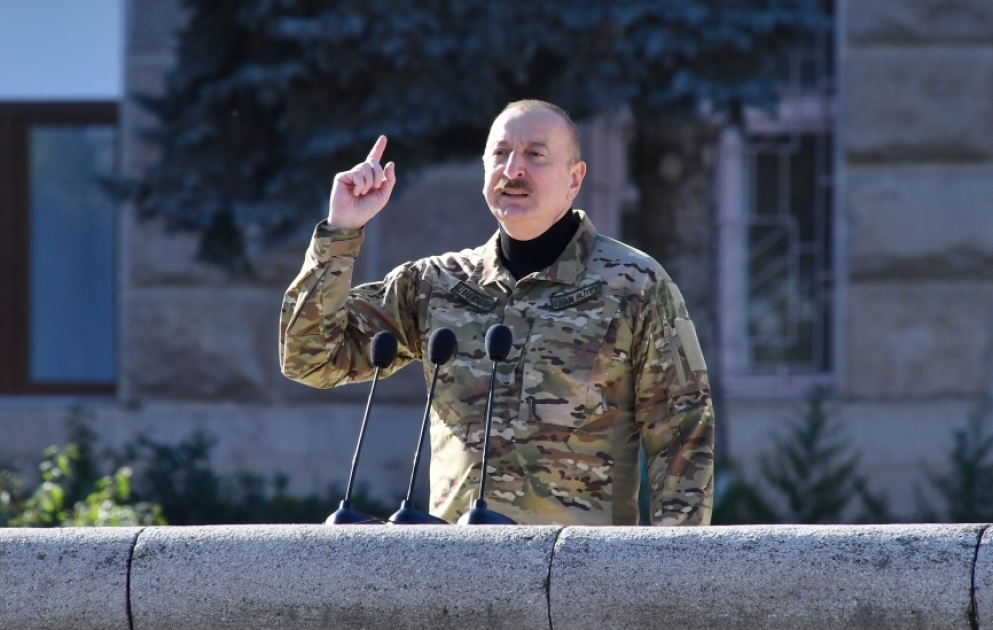 Military parade dedicated to 3rd anniversary of the Victory in the Patriotic War was held in city of Khankendi President Ilham Aliyev and First Lady Mehriban Aliyeva attended the parade VIDEO