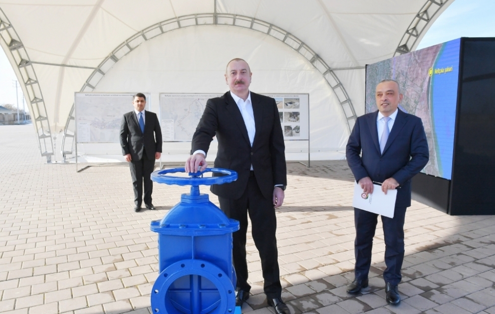 President Ilham Aliyev participated in ceremony for commissioning of drinking water supply systems in Neftchala VIDEO