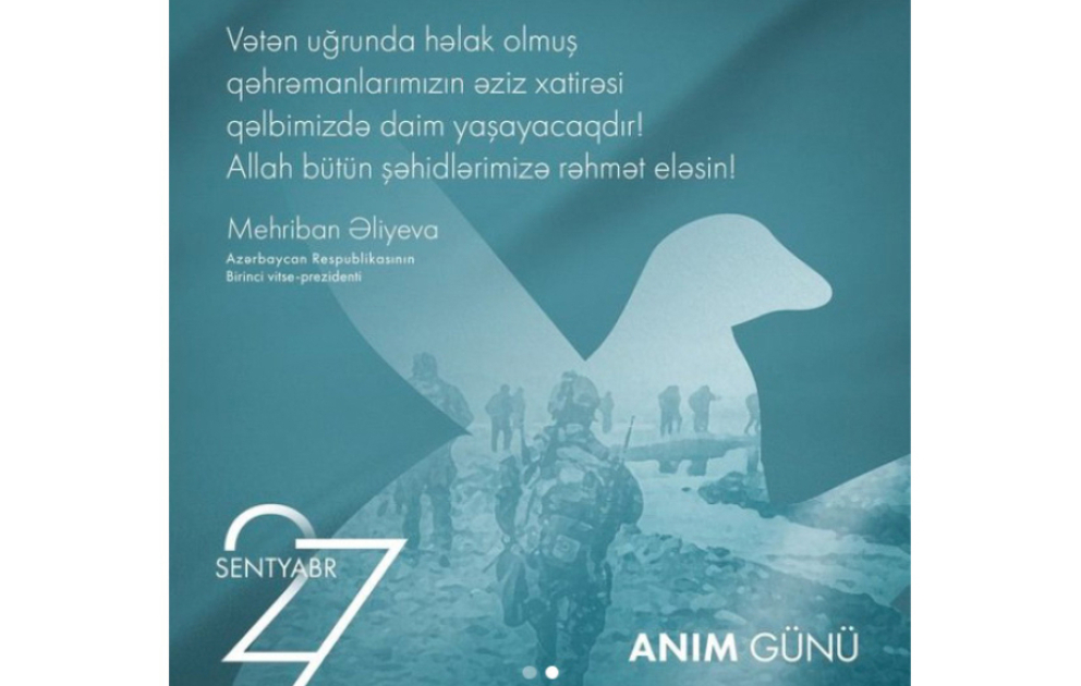 First Vice-President Mehriban Aliyeva shared a post on September 27 - Remembrance Day VIDEO