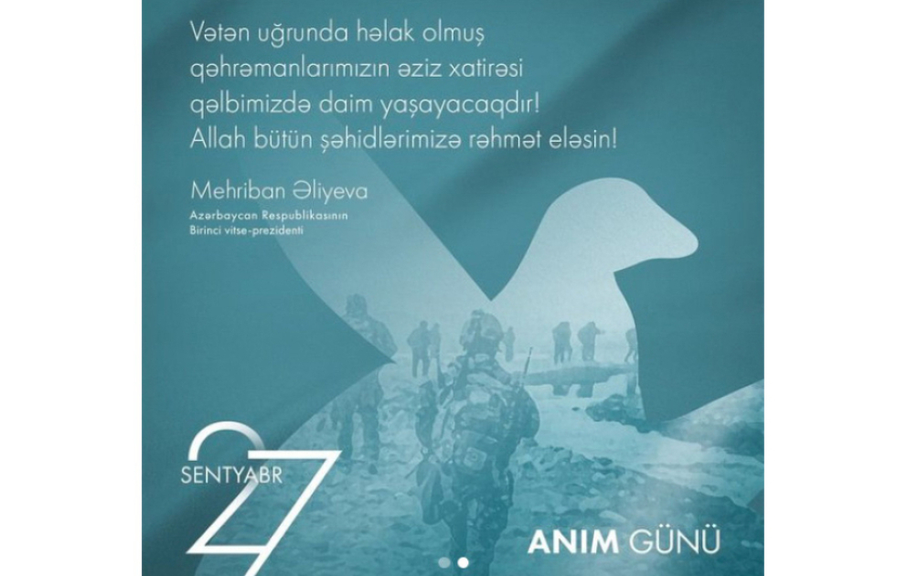 Mehriban Aliyeva partage une publication liée à la Journée de commémoration du 27 septembre VIDEO