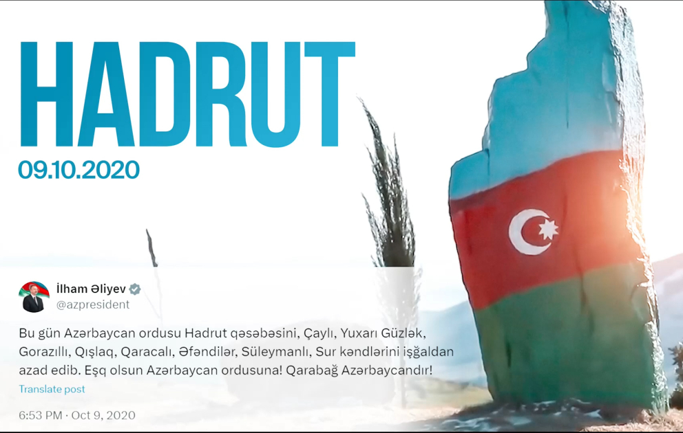 Prezident İlham Əliyev Hadrutun azad edilməsinin dördüncü ildönümü münasibətilə paylaşım edib VİDEO