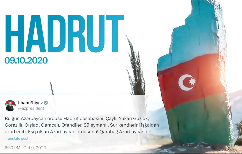 President Ilham Aliyev made post on fourth anniversary of liberation of Hadrut VIDEO