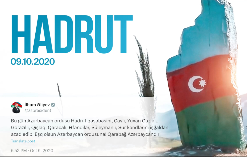 Le président Ilham Aliyev partage une publication sur la libération de Hadrout VIDEO