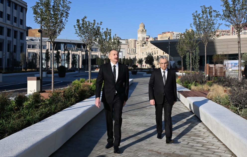 President Ilham Aliyev reviewed upgraded conditions following landscaping and reconstruction efforts in front of Baku Railway Station and 28 May metro station VIDEO
